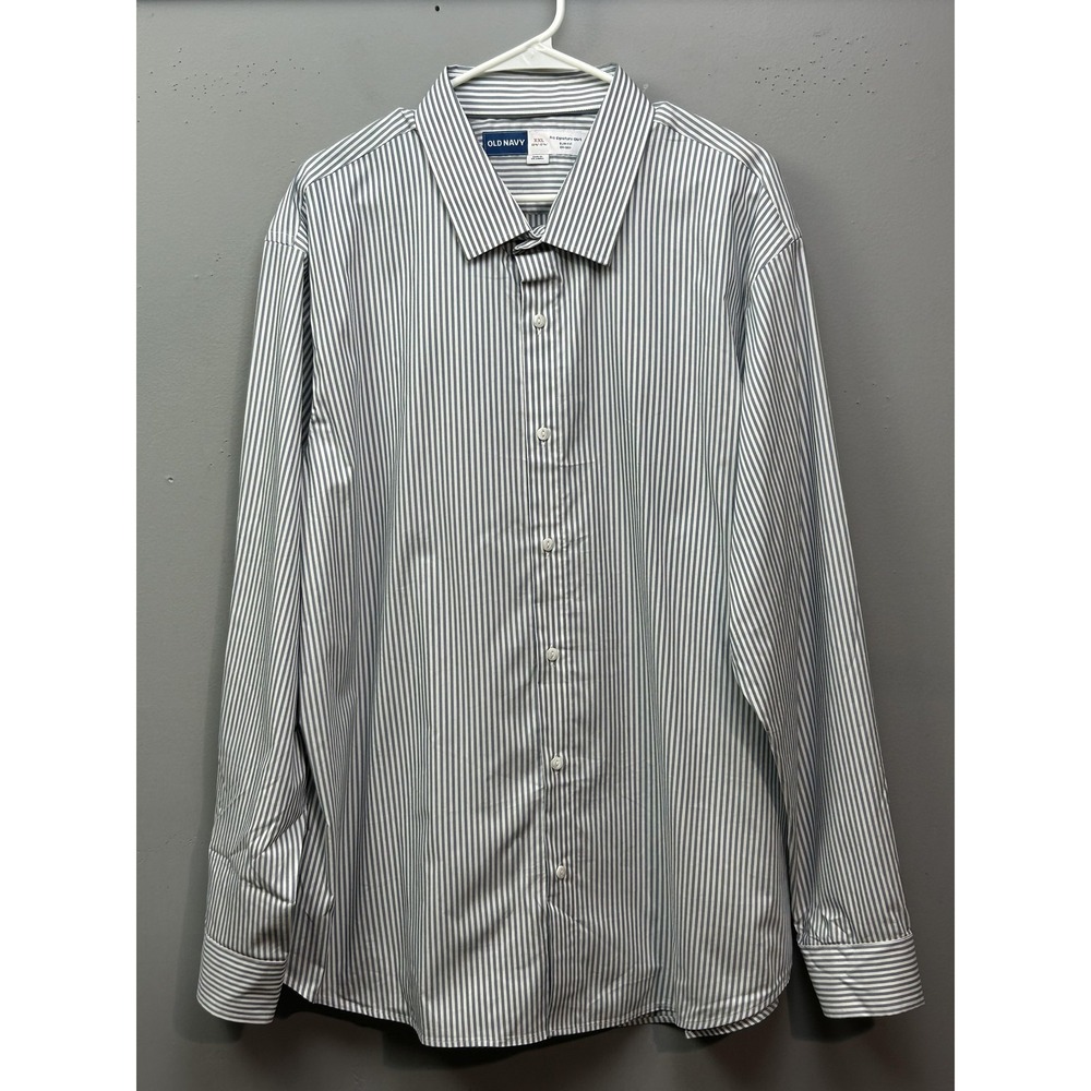 Old Navy Shirt Mens 2XL Gray White Stripe Pro Signature Slim‎ Fit Go-Dry Dress